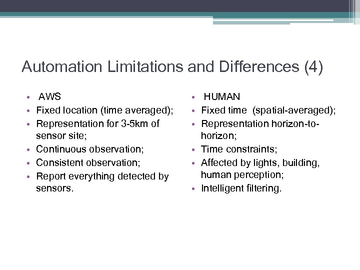 Automation Limitations and Differences (4) • AWS • Fixed location (time averaged); • Representation