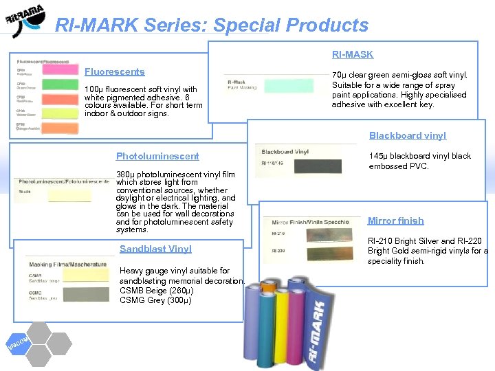RI-MARK Series: Special Products RI-MASK Fluorescents 100µ fluorescent soft vinyl with white pigmented adhesive.