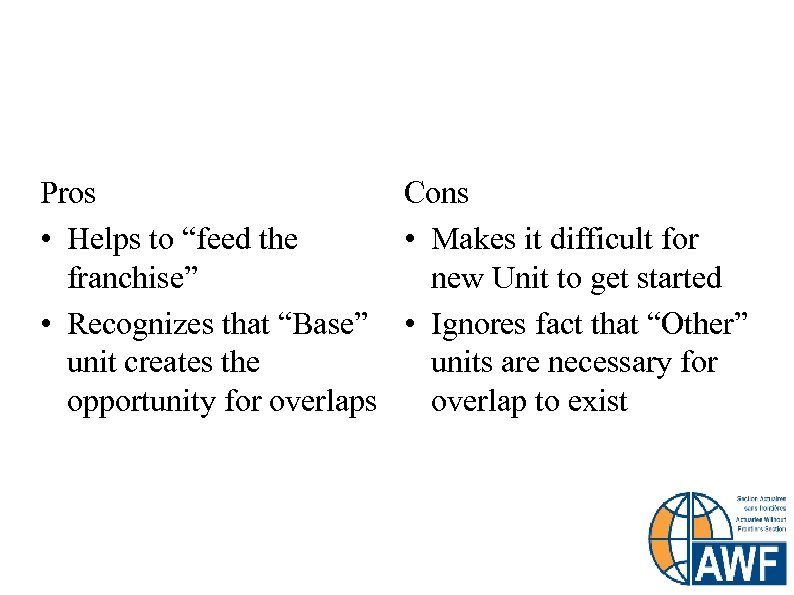 Marginal Allocation “Base” Unit gets overlap Pros Cons • Helps to “feed the •