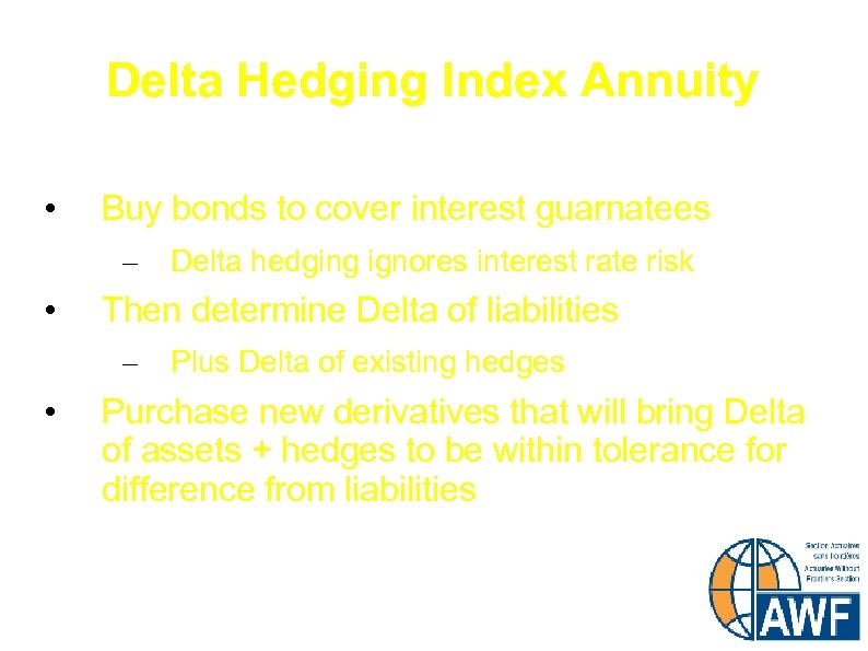 Delta Hedging Index Annuity • Buy bonds to cover interest guarnatees – • Then