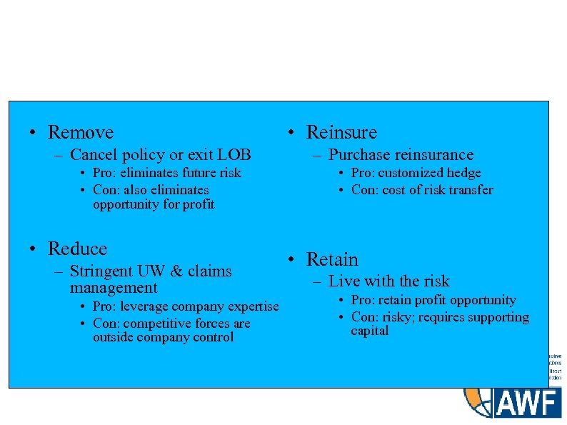 Strategies for Managing Underwriting Risk • Remove – Cancel policy or exit LOB •