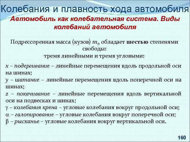 Колебания и плавность хода автомобиля Автомобиль как колебательная система. Виды колебаний автомобиля Подрессоренная масса