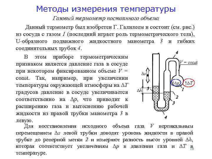 Методы измерения температуры Газовый термометр постоянного объема Данный термометр был изобретен Г. Галилеем и