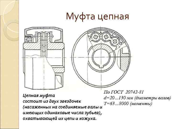 Муфта цепная Цепная муфта состоит из двух звездочек (насаженных на соединяемые валы и имеющих