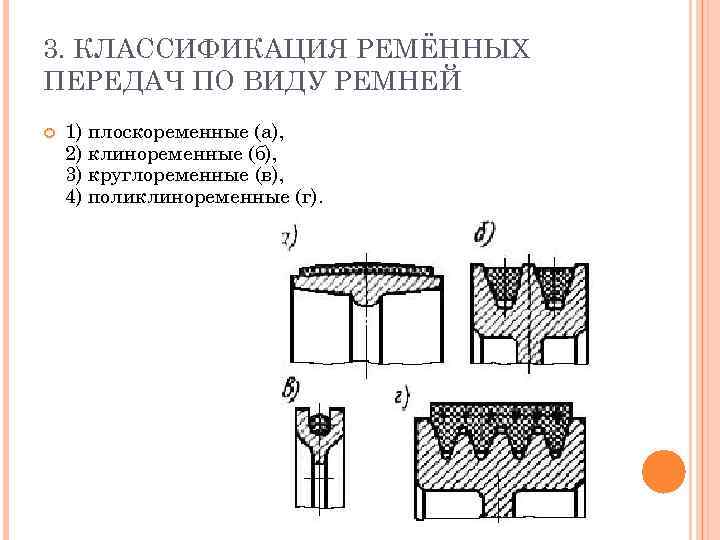 3. КЛАССИФИКАЦИЯ РЕМЁННЫХ ПЕРЕДАЧ ПО ВИДУ РЕМНЕЙ 1) плоскоременные (а), 2) клиноременные (б), 3)