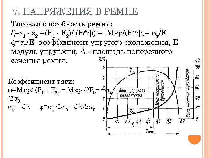 7. НАПРЯЖЕНИЯ В РЕМНЕ Тяговая способность ремня: = 1 - 2 =(F 1 -