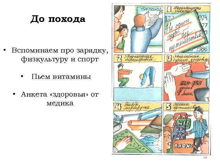 До похода • Вспоминаем про зарядку, физкультуру и спорт • Пьем витамины • Анкета