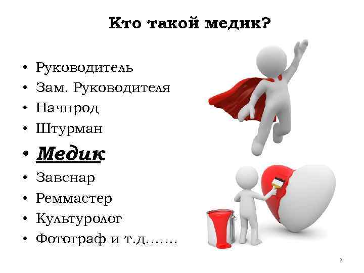 Кто такой медик? • • Руководитель Зам. Руководителя Начпрод Штурман • Медик • •