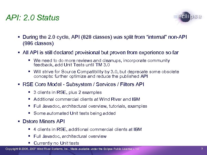 API: 2. 0 Status During the 2. 0 cycle, API (828 classes) was split