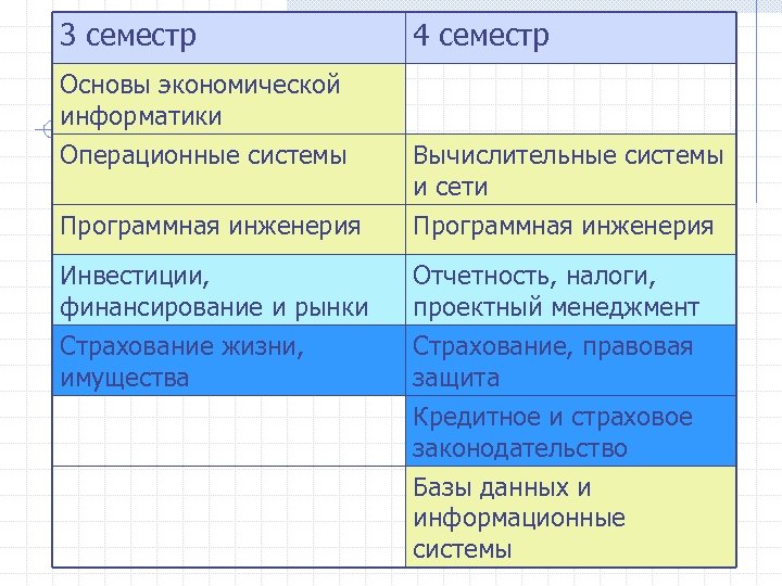 3 семестр Основы экономической информатики Операционные системы 4 семестр Вычислительные системы и сети Программная