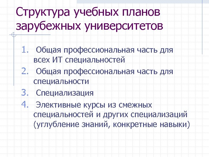 Структура учебных планов зарубежных университетов 1. Общая профессиональная часть для всех ИТ специальностей 2.