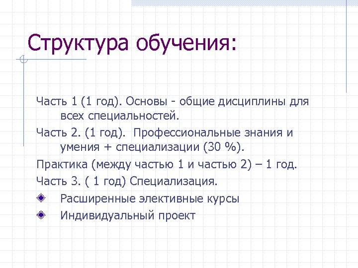 Структура обучения: Часть 1 (1 год). Основы - общие дисциплины для всех специальностей. Часть