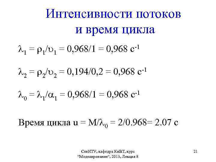 Интенсивности потоков и время цикла 1 = 1/ 1 = 0, 968/1 = 0,