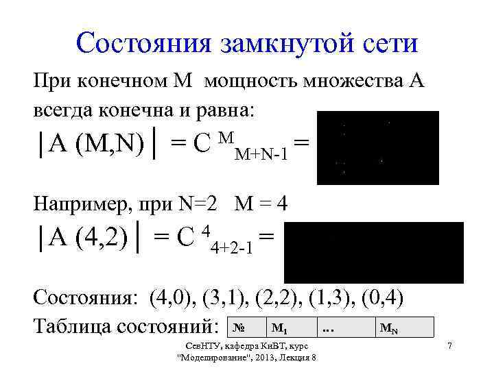 Состояния замкнутой сети При конечном М мощность множества А всегда конечна и равна: │А