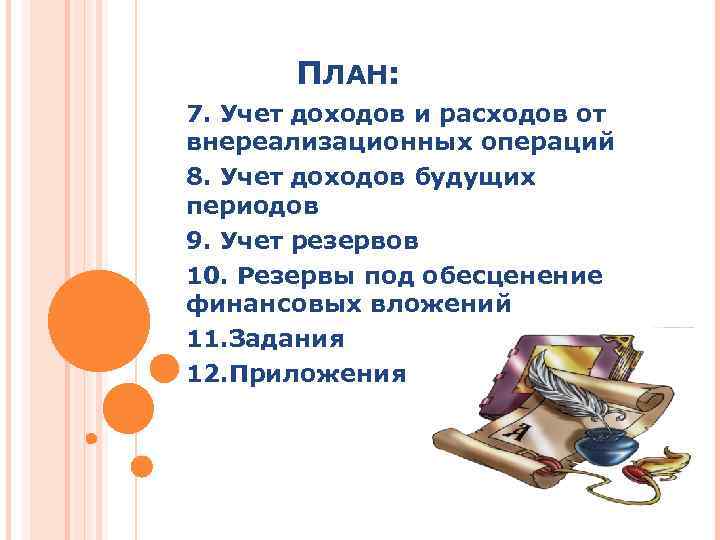 ПЛАН: 7. Учет доходов и расходов от внереализационных операций 8. Учет доходов будущих периодов