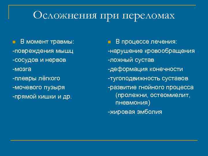 Осложнения при переломах В момент травмы: -повреждения мышц -сосудов и нервов -мозга -плевры лёгкого