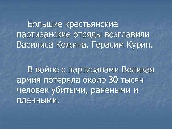 Большие крестьянские партизанские отряды возглавили Василиса Кожина, Герасим Курин. В войне с партизанами Великая