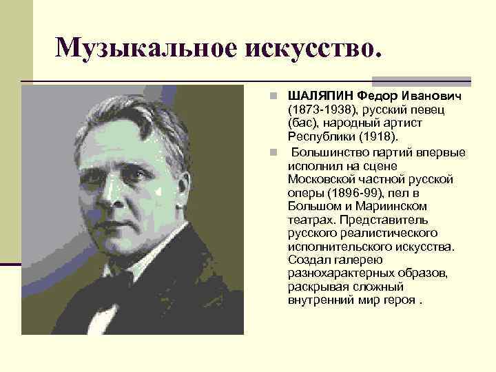 Музыкальное искусство. n ШАЛЯПИН Федор Иванович (1873 1938), русский певец (бас), народный артист Республики