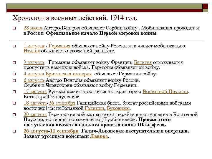 Хронология военных действий. 1914 год. o 28 июля Австро-Венгрия объявляет Сербии войну. Мобилизация проходит