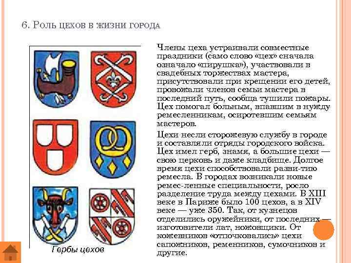 6. РОЛЬ ЦЕХОВ В ЖИЗНИ ГОРОДА Гербы цехов Члены цеха устраивали совместные праздники (само