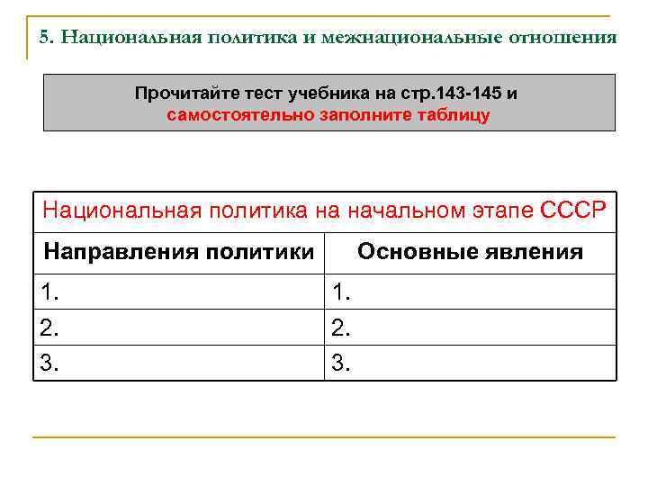 5. Национальная политика и межнациональные отношения Прочитайте тест учебника на стр. 143 -145 и