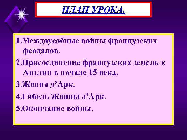 ПЛАН УРОКА. 1. Междоусобные войны французских феодалов. 2. Присоединение французских земель к Англии в