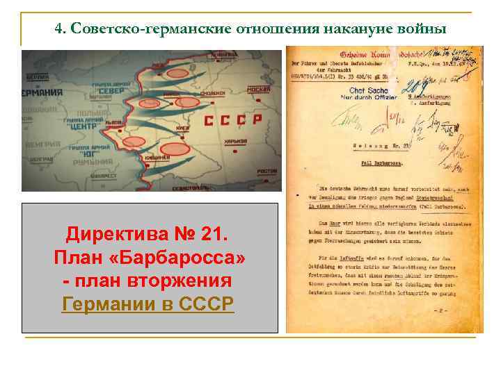4. Советско-германские отношения накануне войны Директива № 21. План «Барбаросса» - план вторжения Германии