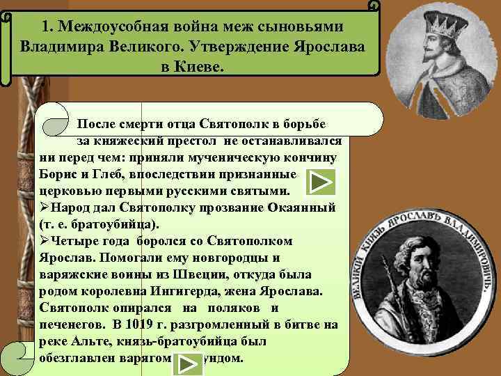 1. Междоусобная война меж сыновьями Владимира Великого. Утверждение Ярослава в Киеве. • После смерти