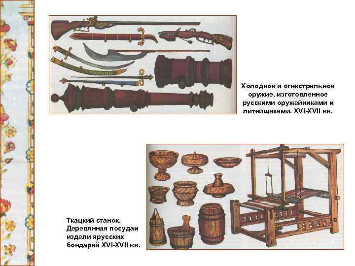 Холодное и огнестрельное оружие, изготовленное русскими оружейниками и литейщиками. XVI-XVII вв. Ткацкий станок. Деревянная