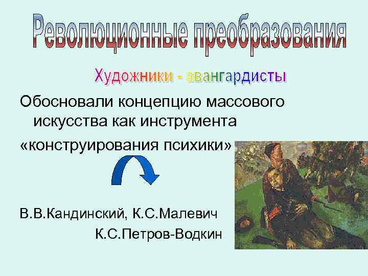 Обосновали концепцию массового искусства как инструмента «конструирования психики» В. В. Кандинский, К. С. Малевич