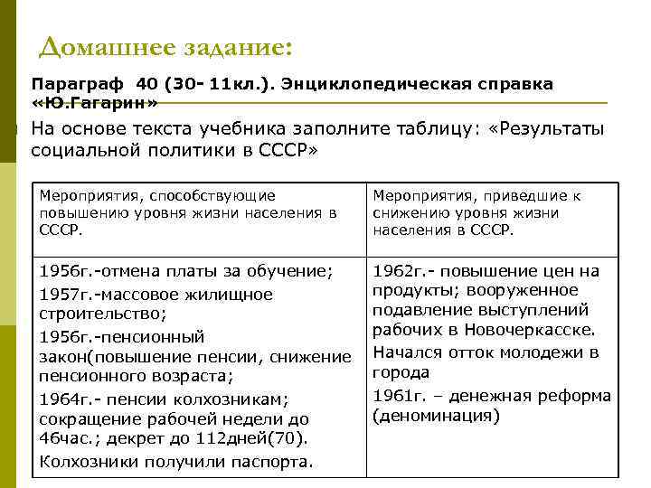 Мероприятия социальной политики. Результаты социальной политики в СССР. Результаты социальной политики в СССР таблица. Экономические реформы СССР В 1953-64. Результаты соц.политики в СССР таблица.