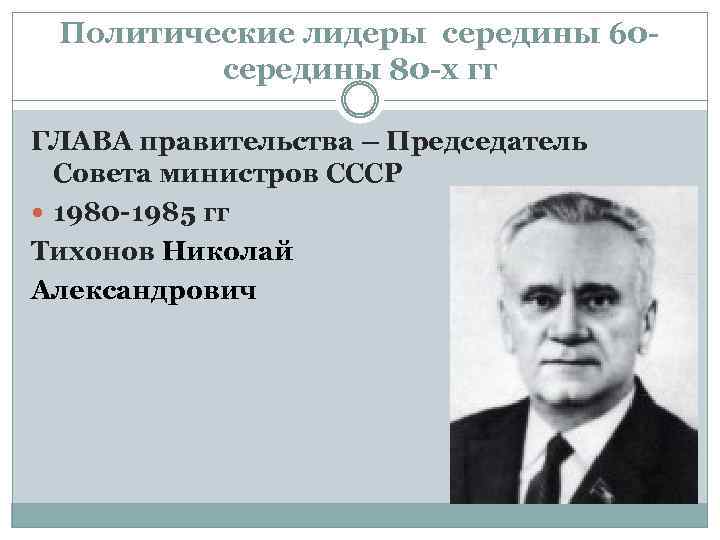 Политические лидеры середины 60 середины 80 -х гг ГЛАВА правительства – Председатель Совета министров