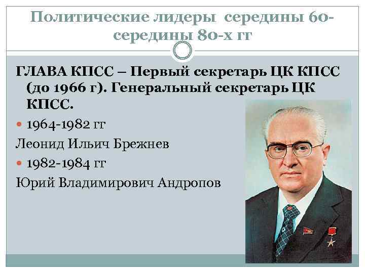 Политические лидеры середины 60 середины 80 -х гг ГЛАВА КПСС – Первый секретарь ЦК
