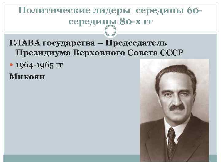 Политические лидеры середины 60 середины 80 -х гг ГЛАВА государства – Председатель Президиума Верховного