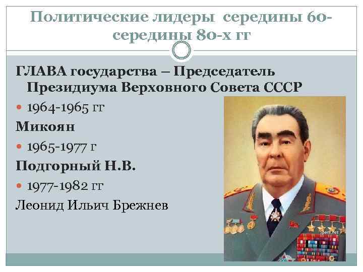 Политические лидеры середины 60 середины 80 -х гг ГЛАВА государства – Председатель Президиума Верховного