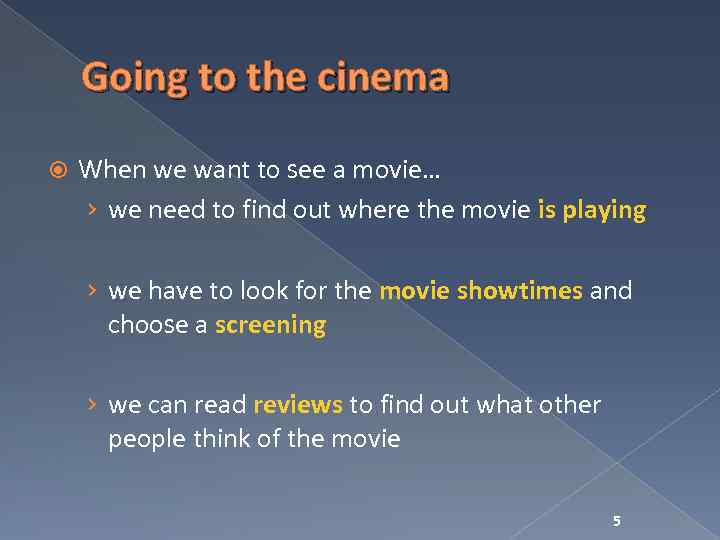 Going to the cinema When we want to see a movie… › we need