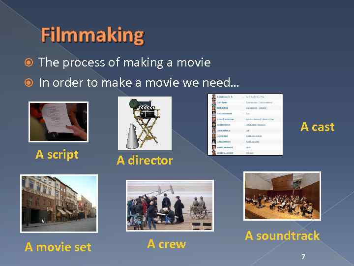 Filmmaking The process of making a movie In order to make a movie we