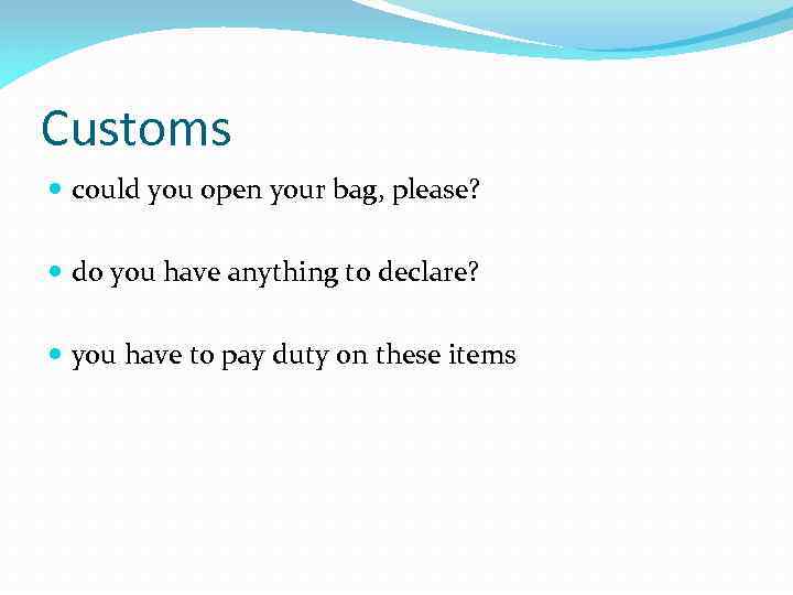 Customs could you open your bag, please? do you have anything to declare? you