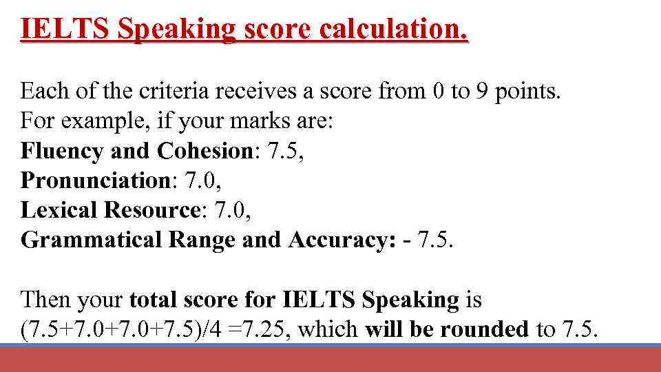 IELTS Speaking score calculation. Each of the criteria receives a score from 0 to