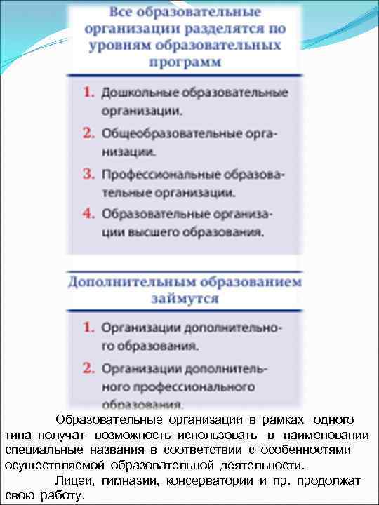 Образовательные организации в рамках  одного  типа получат  возможность использовать  в  наименовании  специальные названия в соответствии с особенностями  осуществляемой образовательной деятельности.   Лицеи,  гимназии,  консерватории и пр.  продолжат  свою работу.