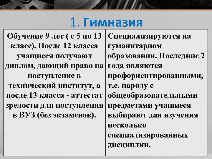 1. Гимназия Обучение 9 лет ( с 5 по 13 класс). После 12 класса