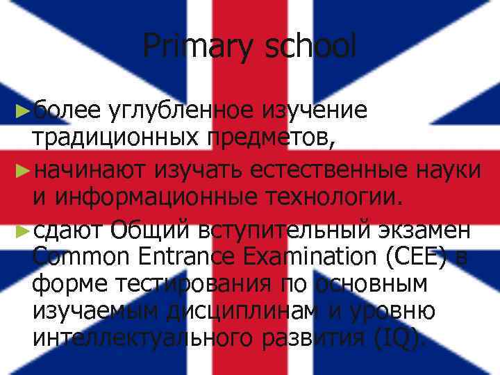 Primary school ►более углубленное изучение традиционных предметов, ►начинают изучать естественные науки и информационные технологии.