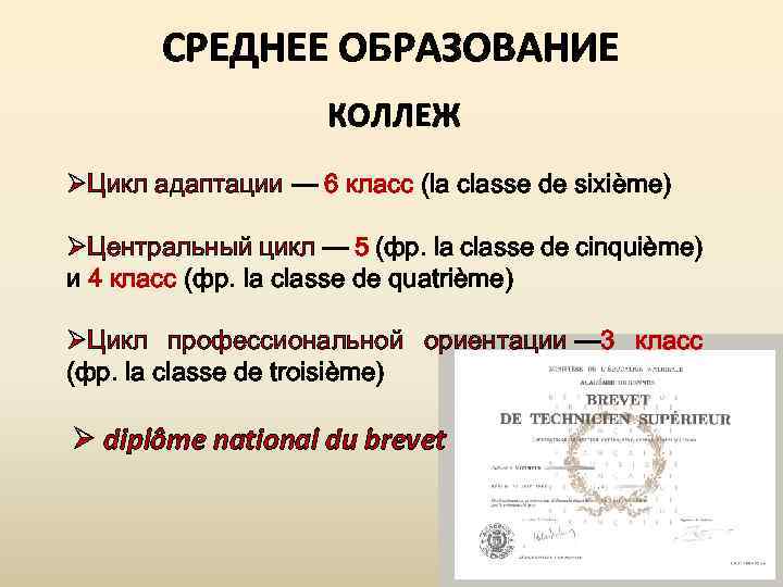 СРЕДНЕЕ ОБРАЗОВАНИЕ КОЛЛЕЖ ØЦикл адаптации — 6 класс (la classe de sixième) ØЦентральный цикл