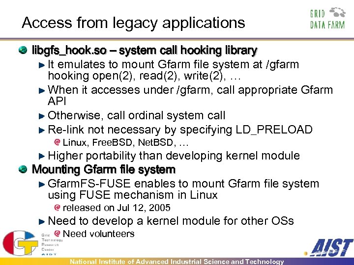 Access from legacy applications libgfs_hook. so – system call hooking library It emulates to