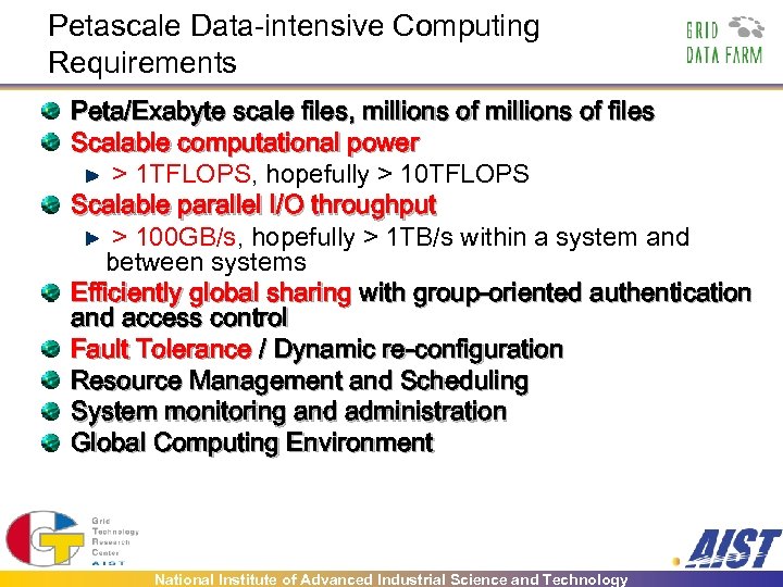 Petascale Data-intensive Computing Requirements Peta/Exabyte scale files, millions of files Scalable computational power >