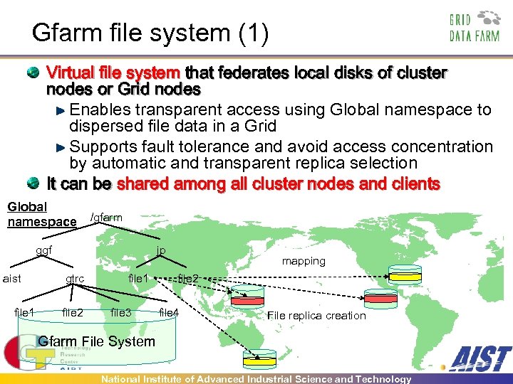 Gfarm file system (1) Virtual file system that federates local disks of cluster nodes