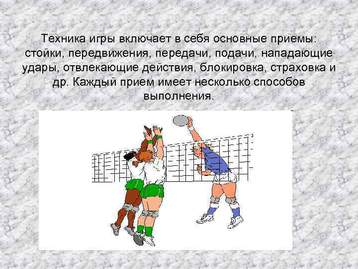 Техника игры включает в себя основные приемы: стойки, передвижения, передачи, подачи, нападающие удары, отвлекающие
