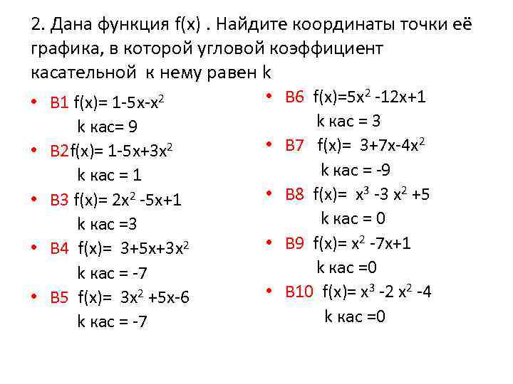 2. Дана функция f(x). Найдите координаты точки её графика, в которой угловой коэффициент касательной