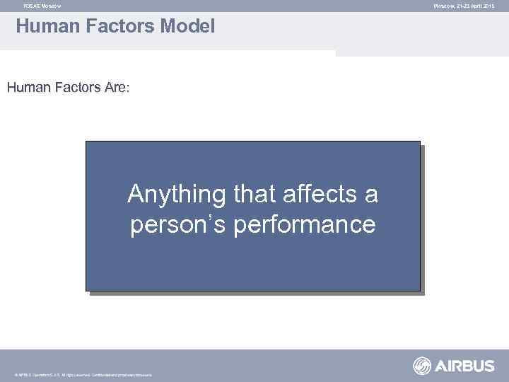 FOSAS Moscow, 21 -23 April 2015 Human Factors Model Human Factors Are: Anything that