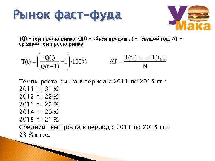 Рынок фаст-фуда T(t) - темп роста рынка, Q(t) - объем продаж , t –